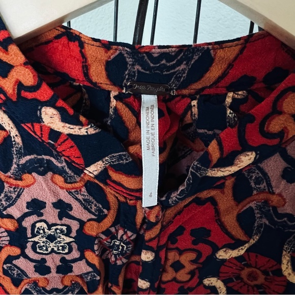 Free People Get Together Navy Orange Bohemian Print Rayon Sleeveless Mini Dress - Picture 5 of 6